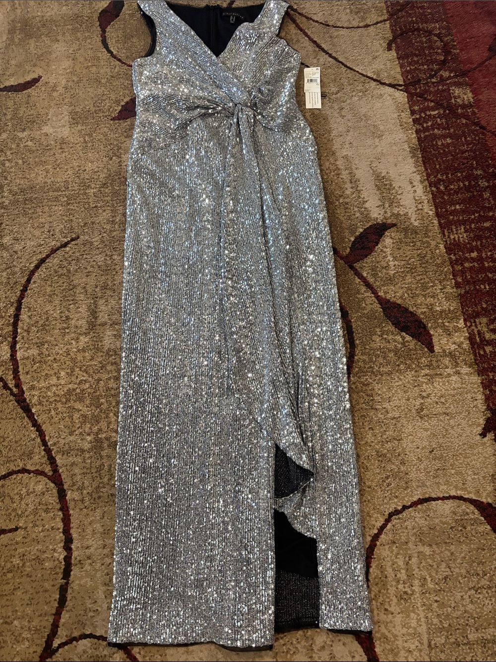 Aidan Mattox Silver Sequin Wrap Maxi Dress